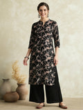 Black and Brown Mandarin Collar Floral Printed Straight Kurta