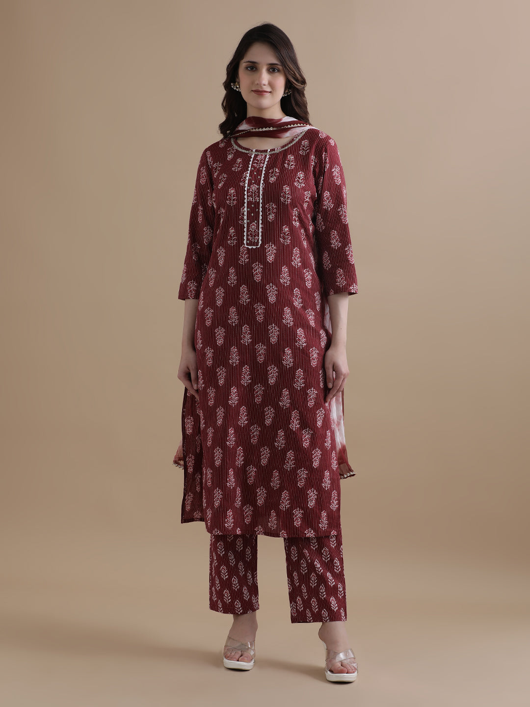 Floral Printed Kantha Work Pure Cotton Maroon Kurta With Pant & Chiffon Dupatta