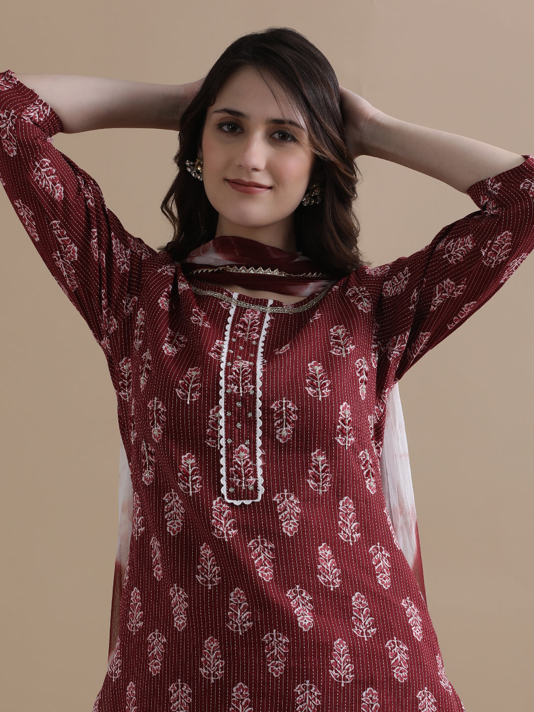 Floral Printed Kantha Work Pure Cotton Maroon Kurta With Pant & Chiffon Dupatta