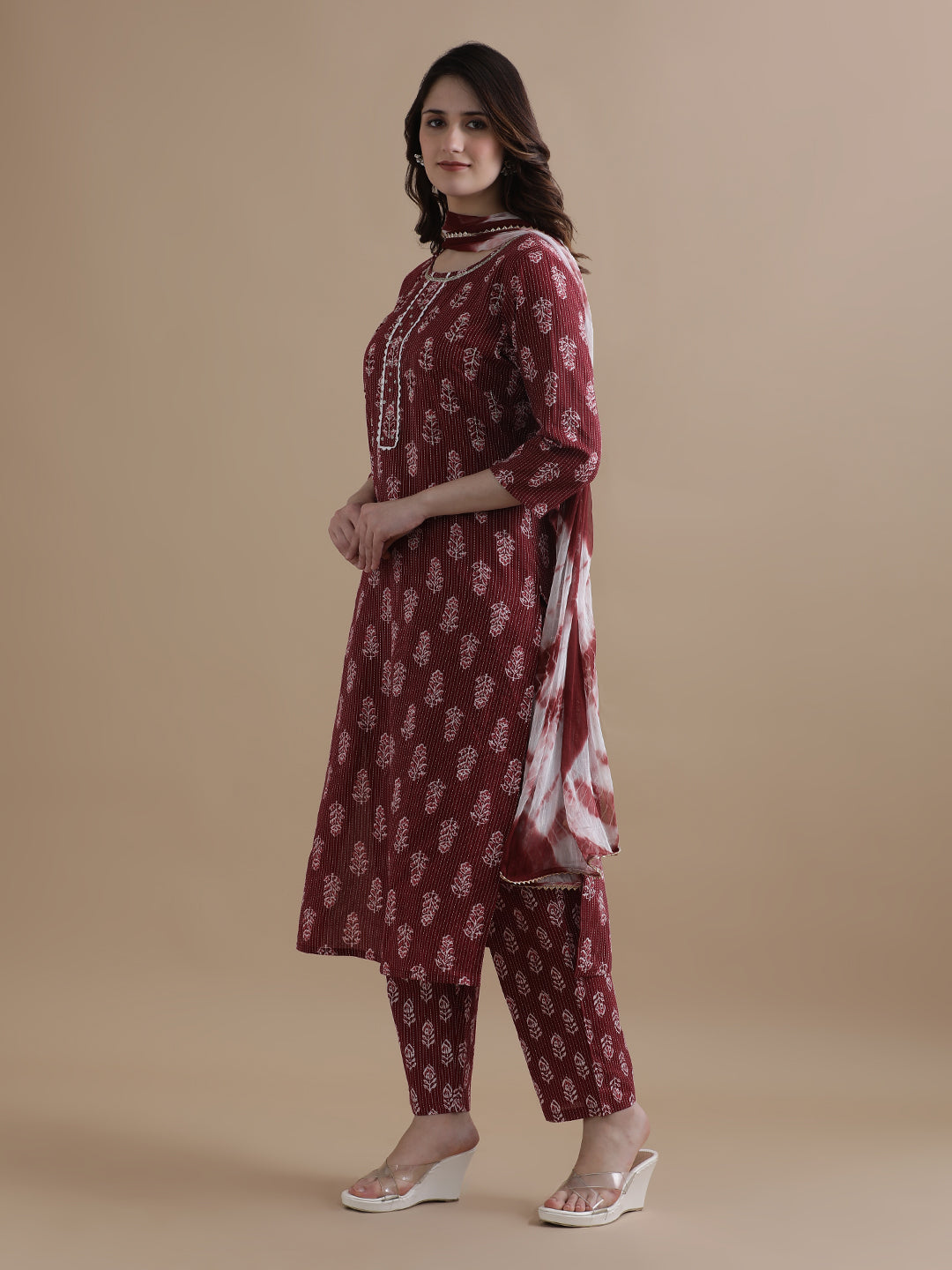 Floral Printed Kantha Work Pure Cotton Maroon Kurta With Pant & Chiffon Dupatta