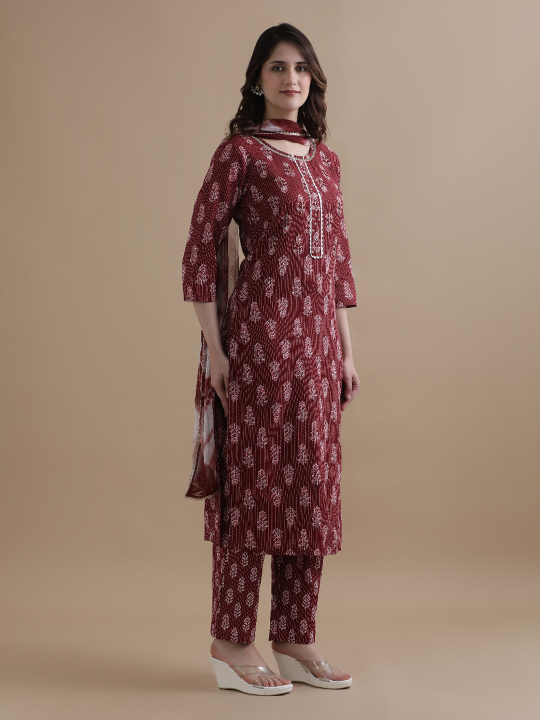 Floral Printed Kantha Work Pure Cotton Maroon Kurta With Pant & Chiffon Dupatta