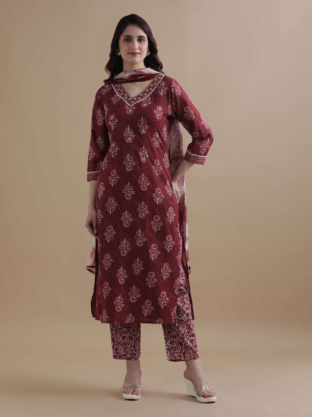 Maroon Floral Printed Kantha Work Pure Cotton Kurta With Pant & Chiffon Dupatta