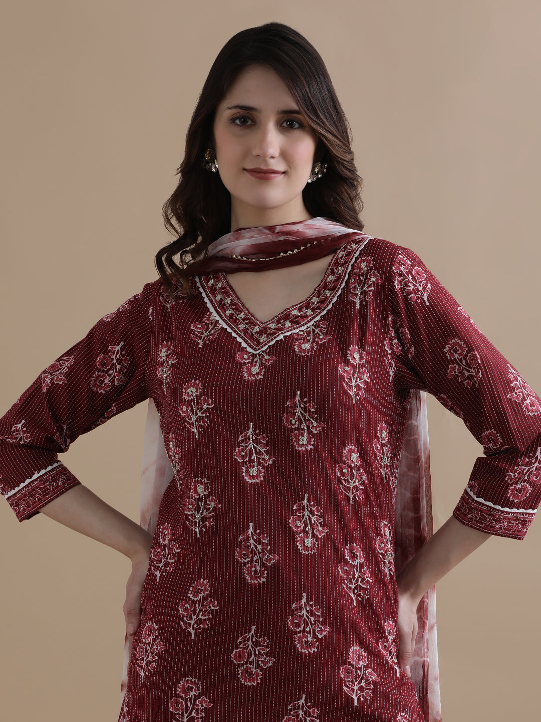 Maroon Floral Printed Kantha Work Pure Cotton Kurta With Pant & Chiffon Dupatta