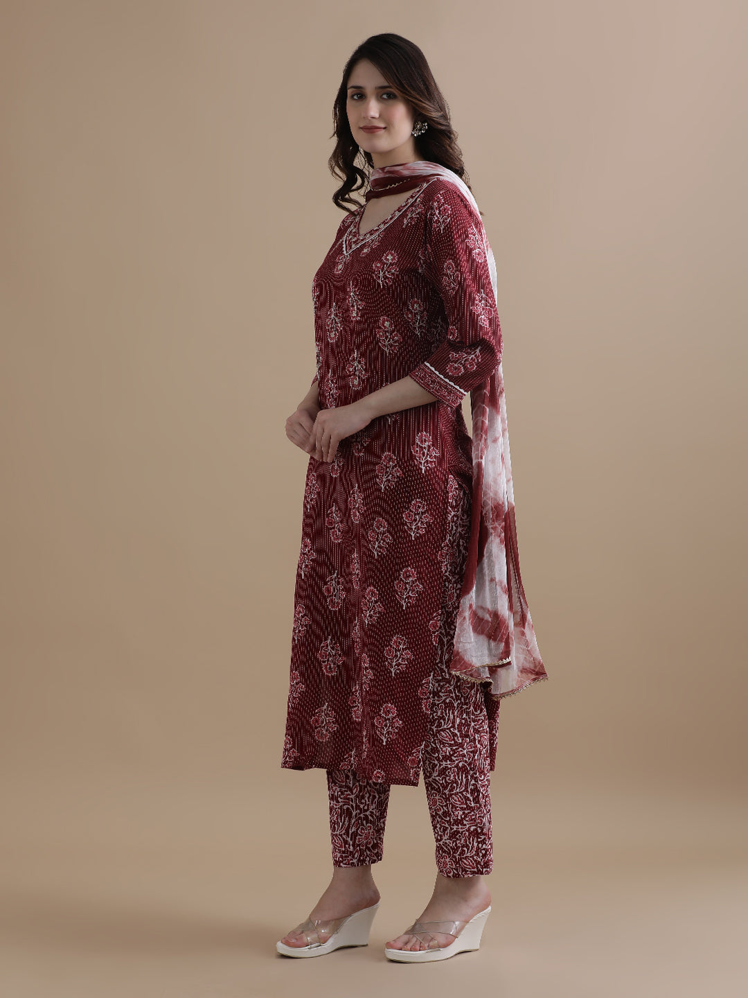 Maroon Floral Printed Kantha Work Pure Cotton Kurta With Pant & Chiffon Dupatta