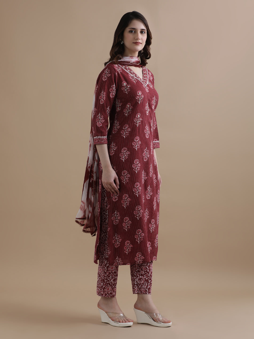 Maroon Floral Printed Kantha Work Pure Cotton Kurta With Pant & Chiffon Dupatta