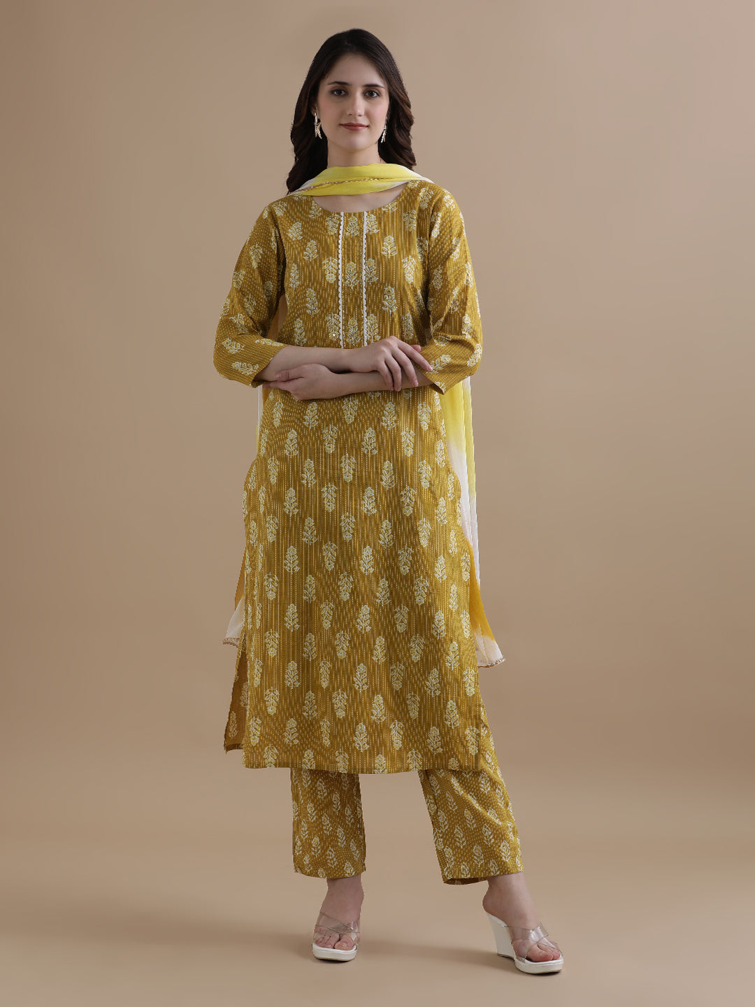 Floral Printed Kantha Work Pure Cotton Mustard Kurta With Pant & Chiffon Dupatta