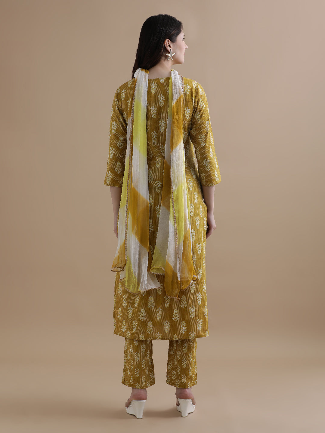 Floral Printed Kantha Work Pure Cotton Mustard Kurta With Pant & Chiffon Dupatta