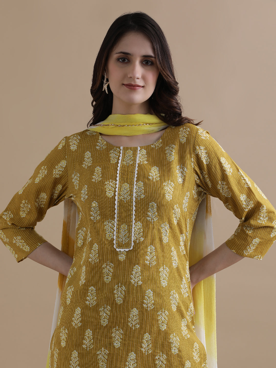 Floral Printed Kantha Work Pure Cotton Mustard Kurta With Pant & Chiffon Dupatta