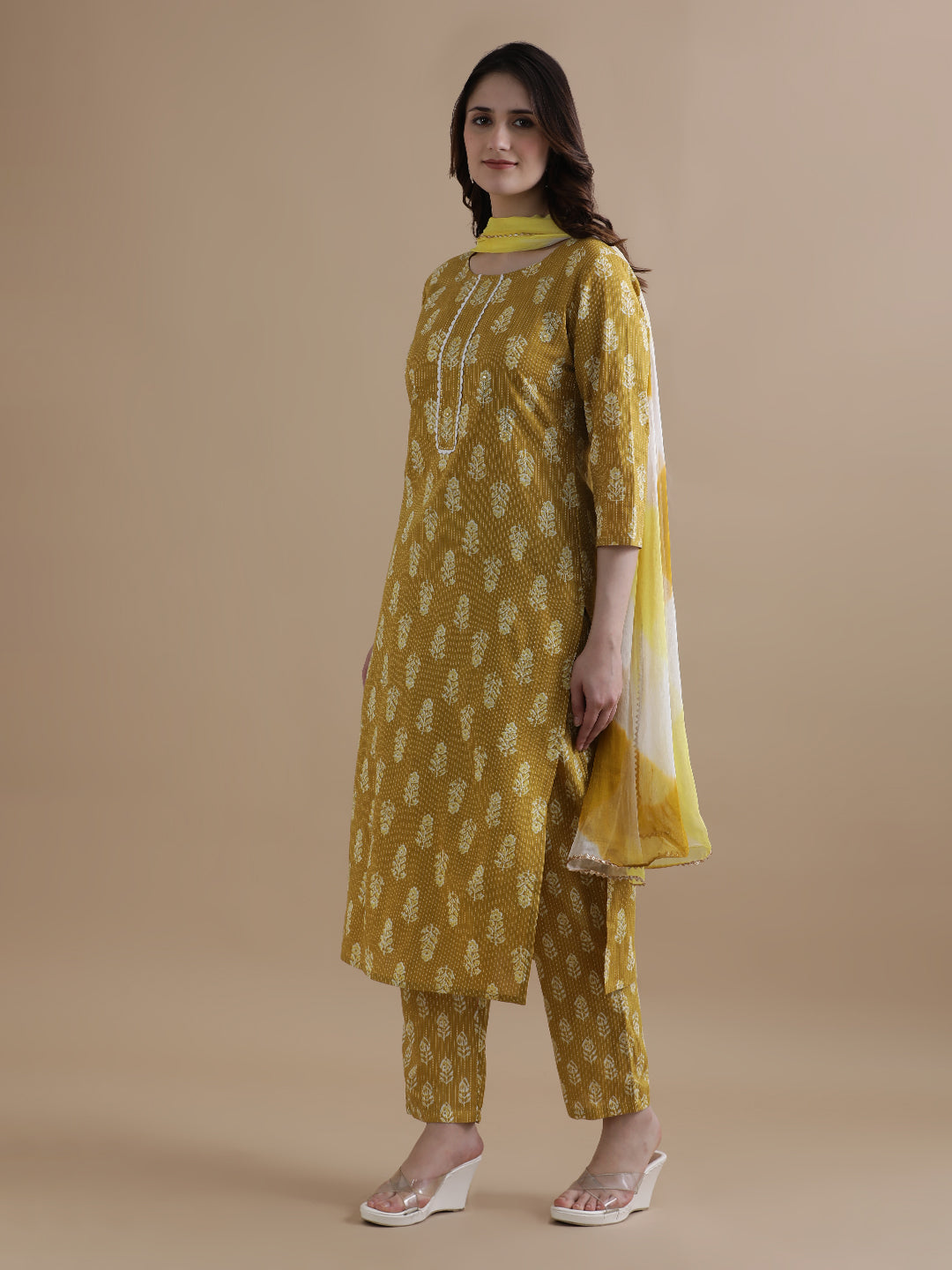 Floral Printed Kantha Work Pure Cotton Mustard Kurta With Pant & Chiffon Dupatta