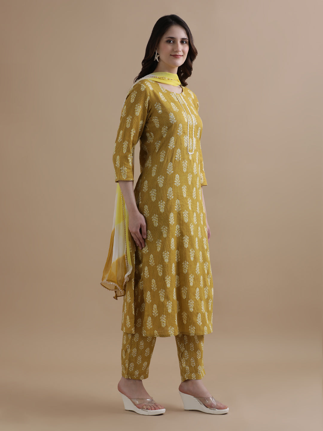 Floral Printed Kantha Work Pure Cotton Mustard Kurta With Pant & Chiffon Dupatta