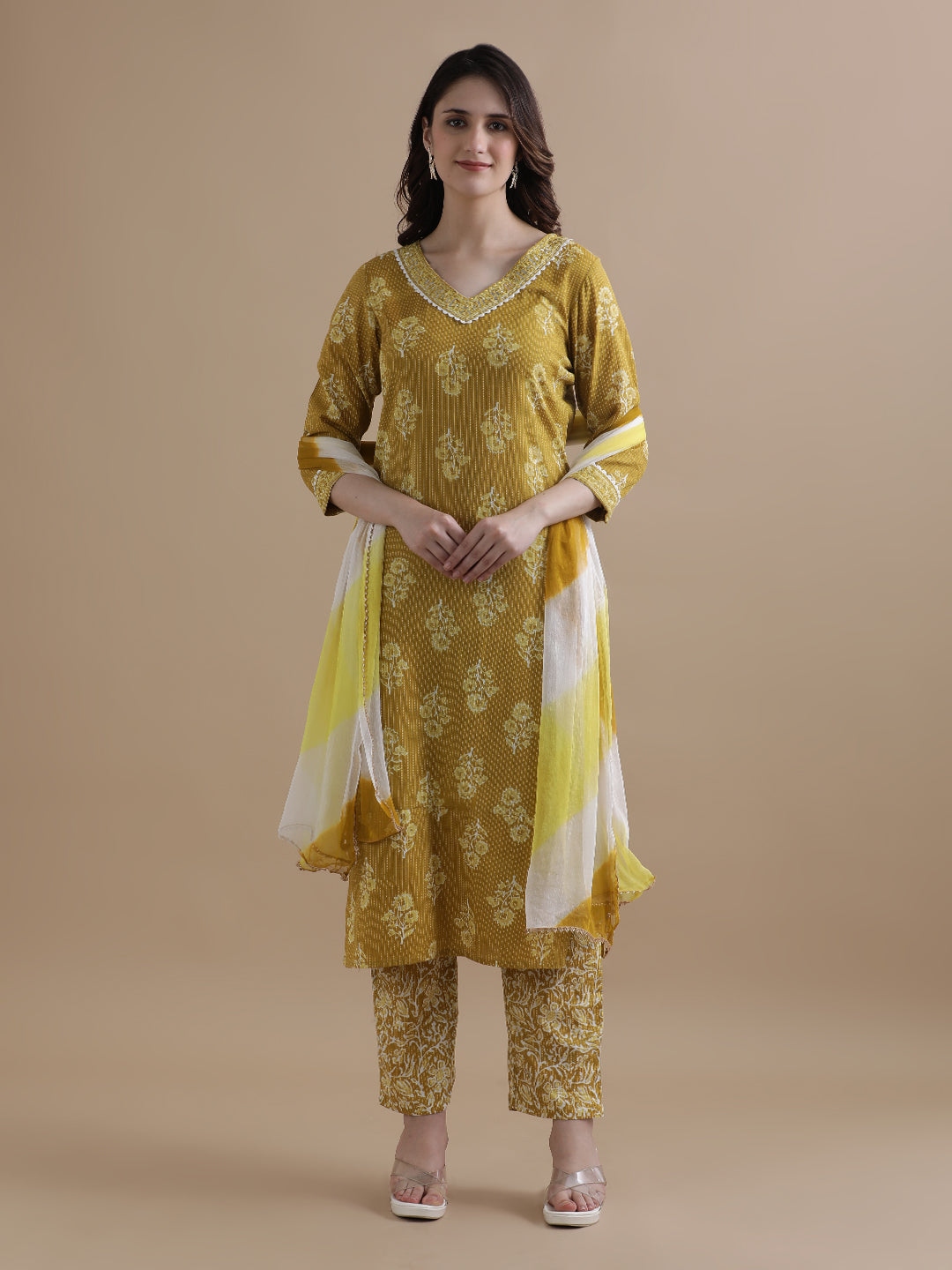 Mustard Floral Printed Kantha Work Pure Cotton Kurta With Pant & Chiffon Dupatta