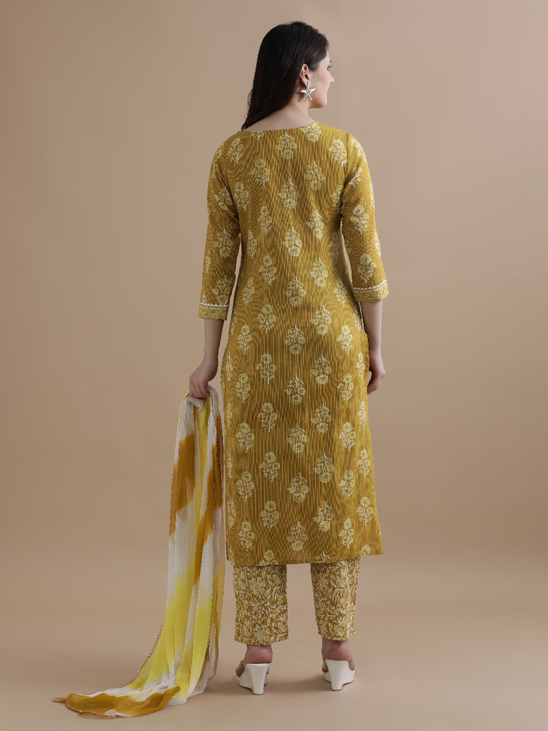 Mustard Floral Printed Kantha Work Pure Cotton Kurta With Pant & Chiffon Dupatta