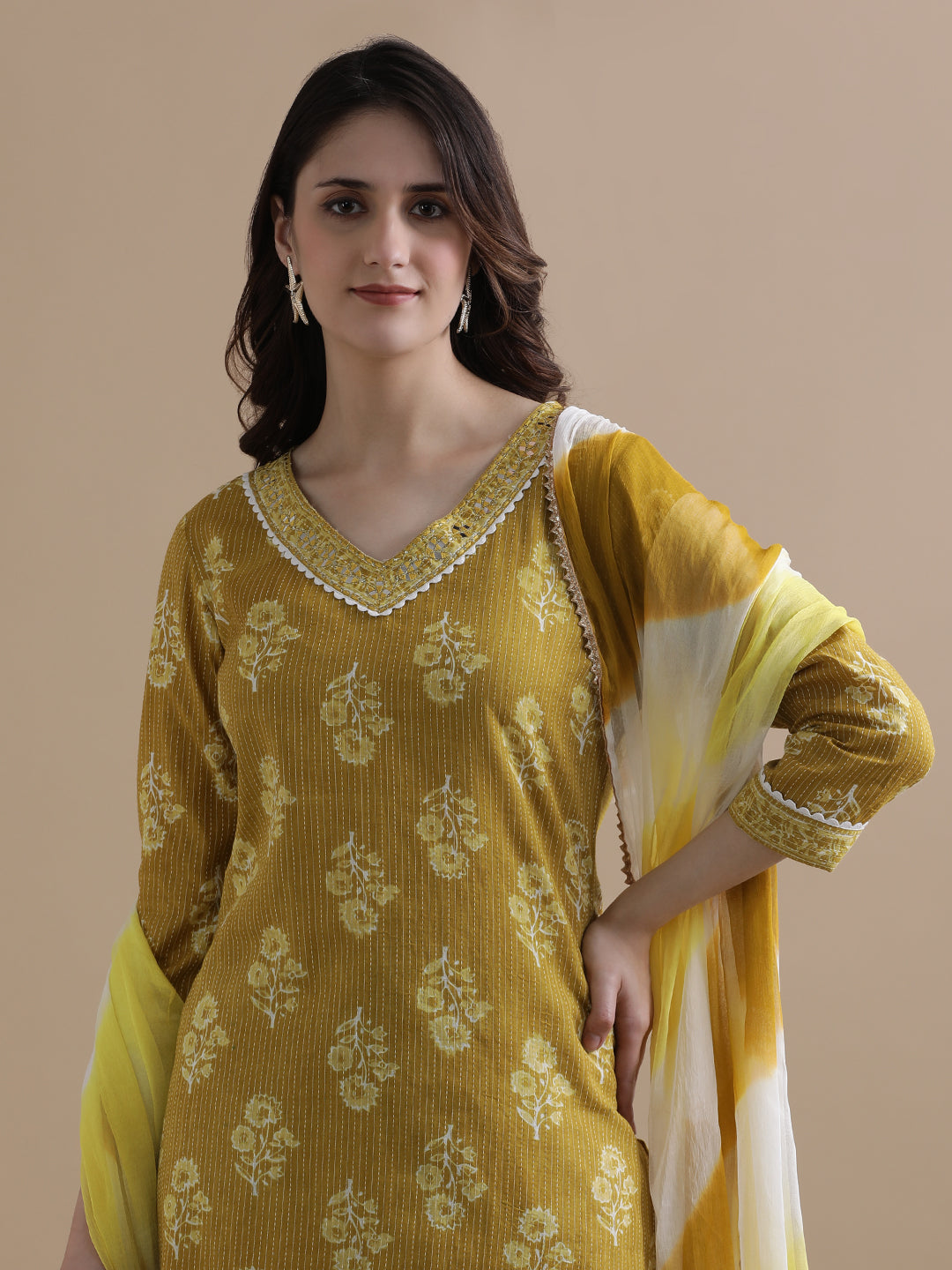 Mustard Floral Printed Kantha Work Pure Cotton Kurta With Pant & Chiffon Dupatta