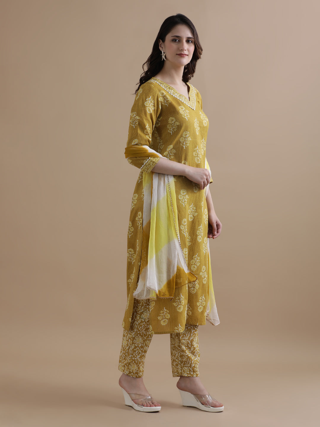 Mustard Floral Printed Kantha Work Pure Cotton Kurta With Pant & Chiffon Dupatta