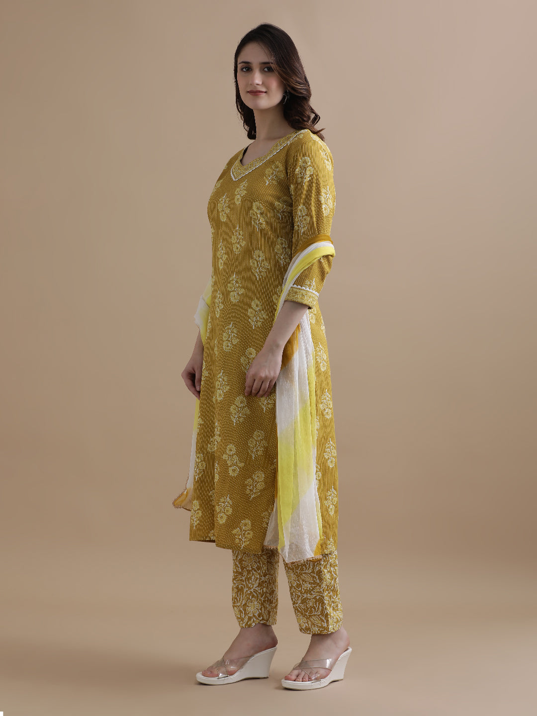 Mustard Floral Printed Kantha Work Pure Cotton Kurta With Pant & Chiffon Dupatta