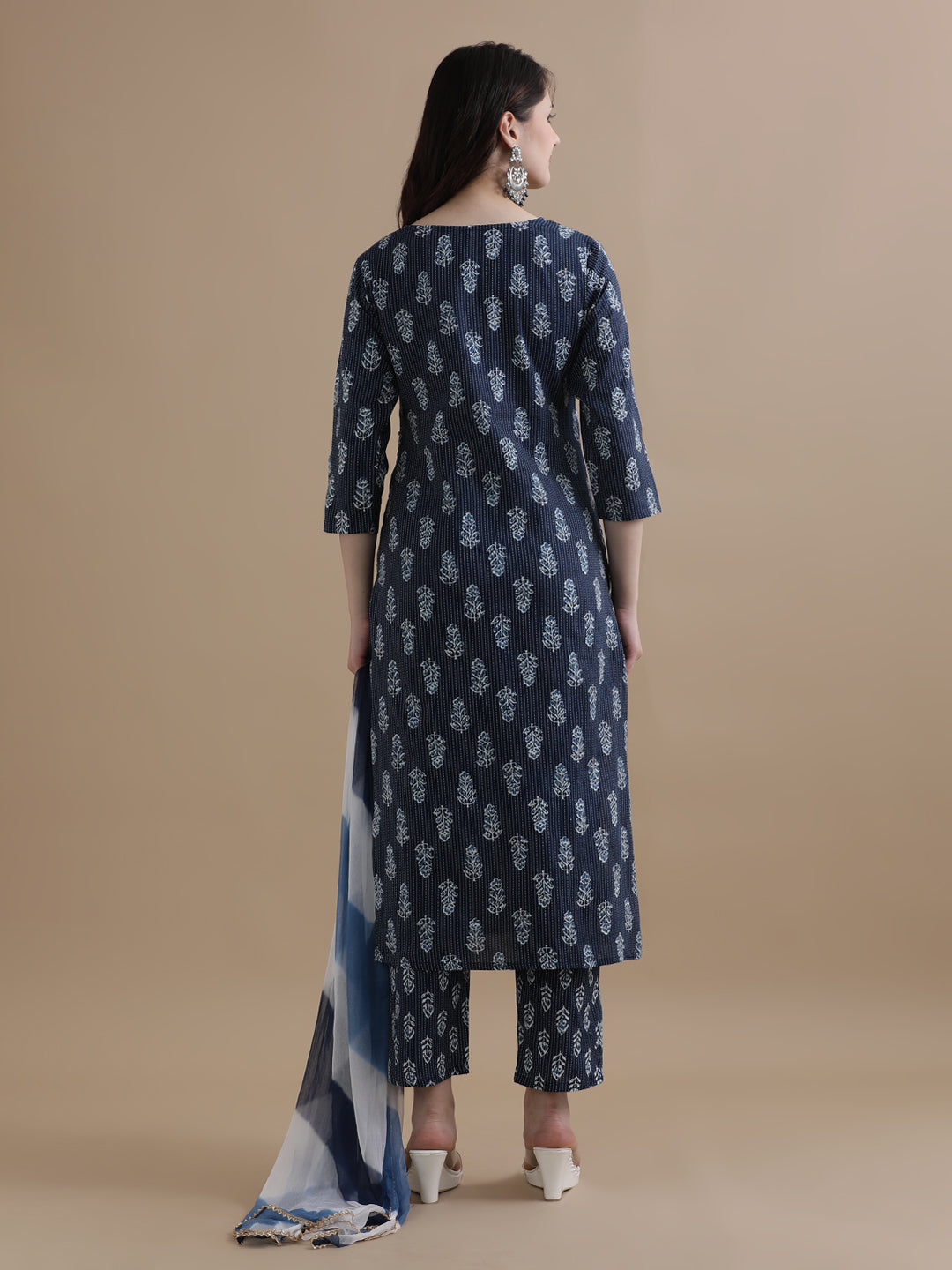 Floral Printed Kantha Work Pure Cotton Navy Blue Kurta With Pant & Chiffon Dupatta