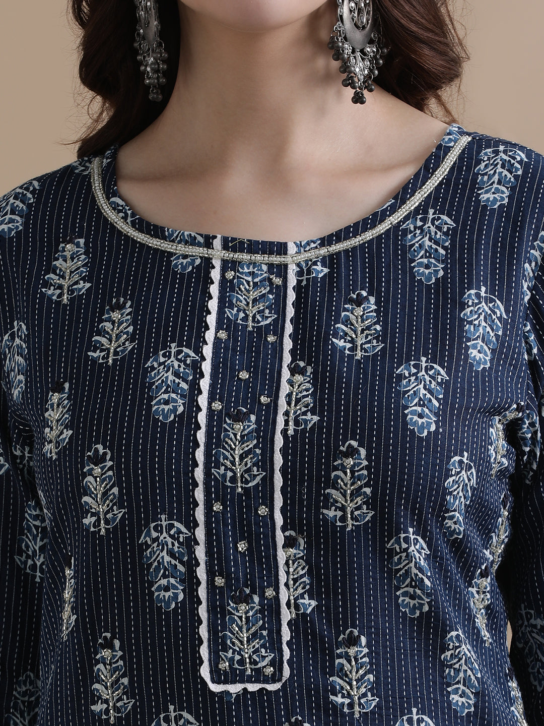 Floral Printed Kantha Work Pure Cotton Navy Blue Kurta With Pant & Chiffon Dupatta