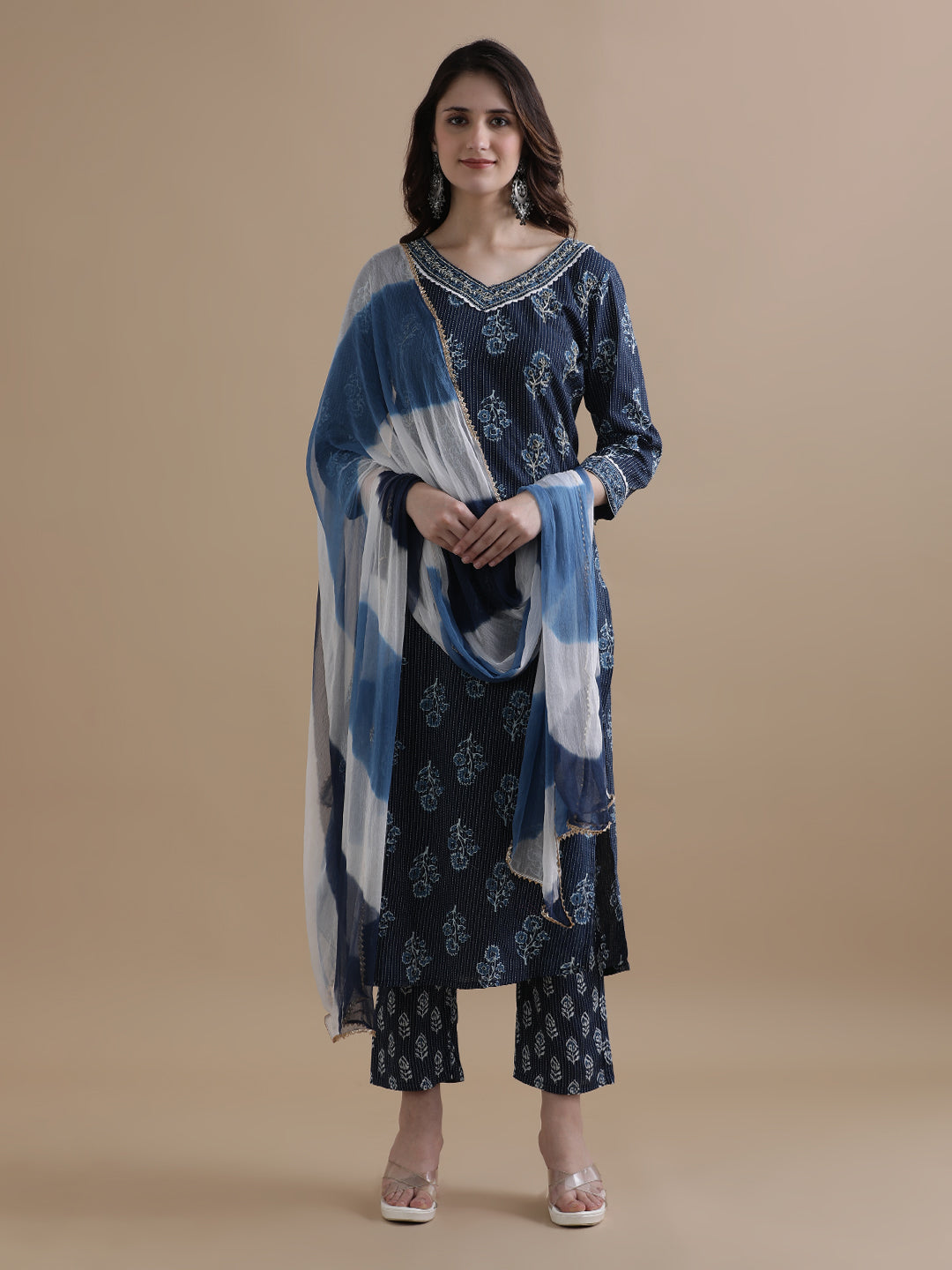 Navy Blue Floral Printed Kantha Work Pure Cotton Kurta With Pant & Chiffon Dupatta