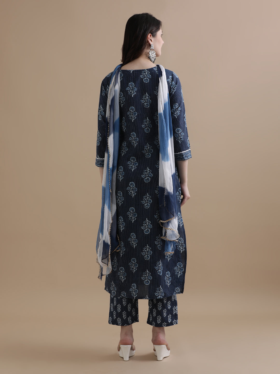 Navy Blue Floral Printed Kantha Work Pure Cotton Kurta With Pant & Chiffon Dupatta