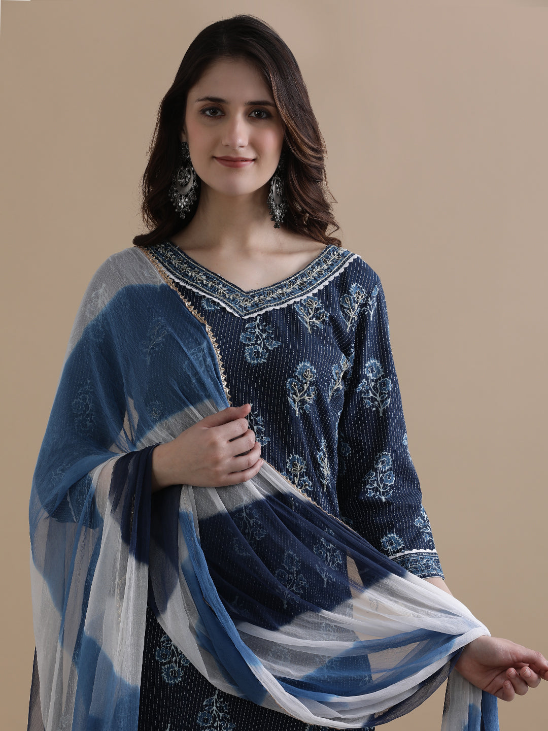 Navy Blue Floral Printed Kantha Work Pure Cotton Kurta With Pant & Chiffon Dupatta