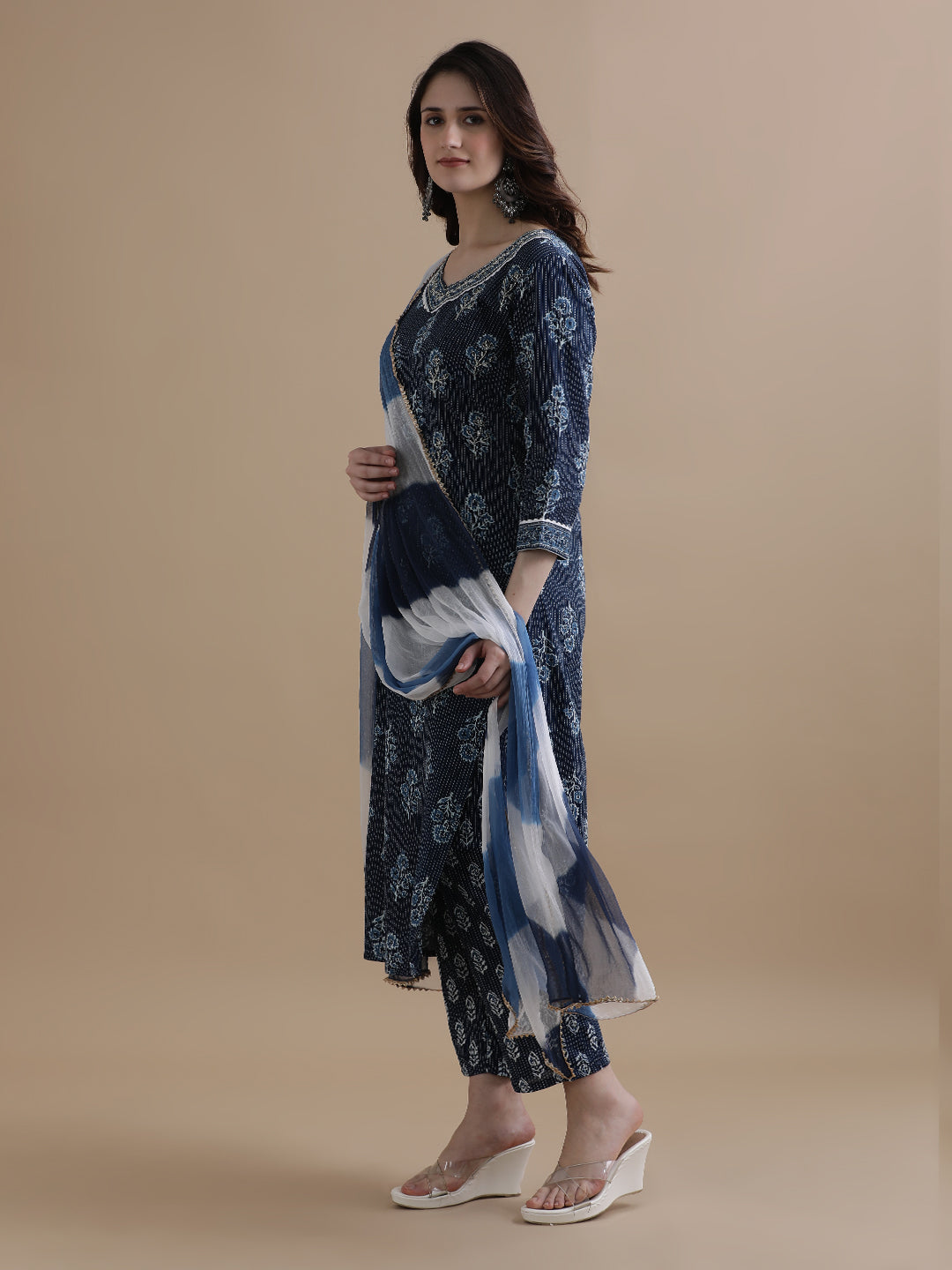 Navy Blue Floral Printed Kantha Work Pure Cotton Kurta With Pant & Chiffon Dupatta