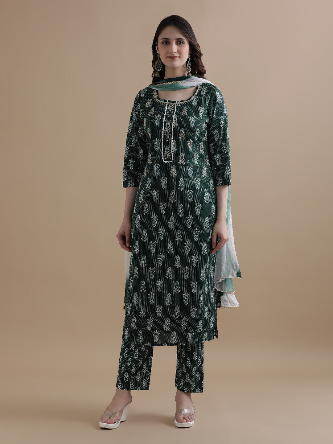 Floral Printed Kantha Work Pure Cotton Green Kurta With Pant & Chiffon Dupatta