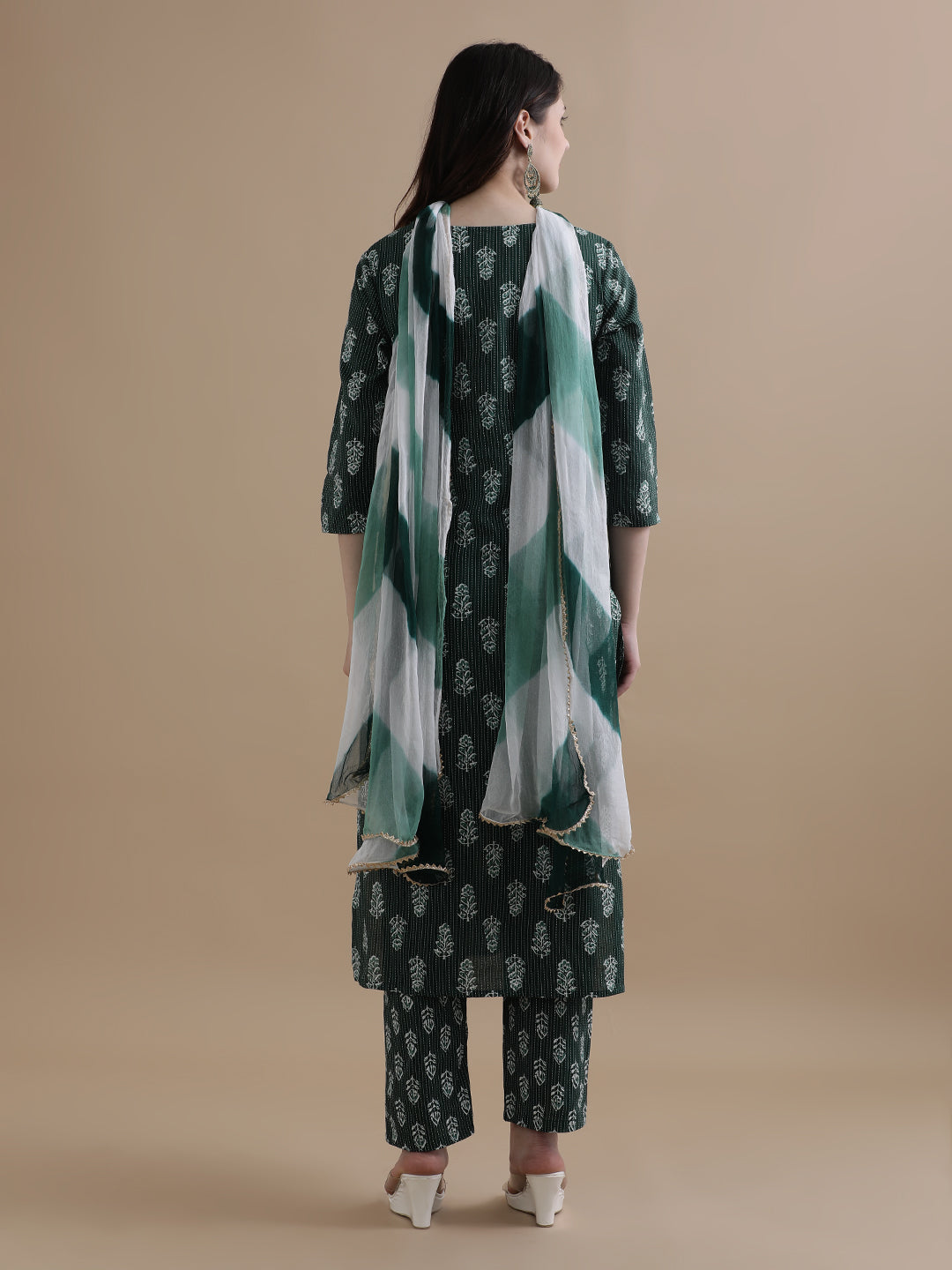 Floral Printed Kantha Work Pure Cotton Green Kurta With Pant & Chiffon Dupatta