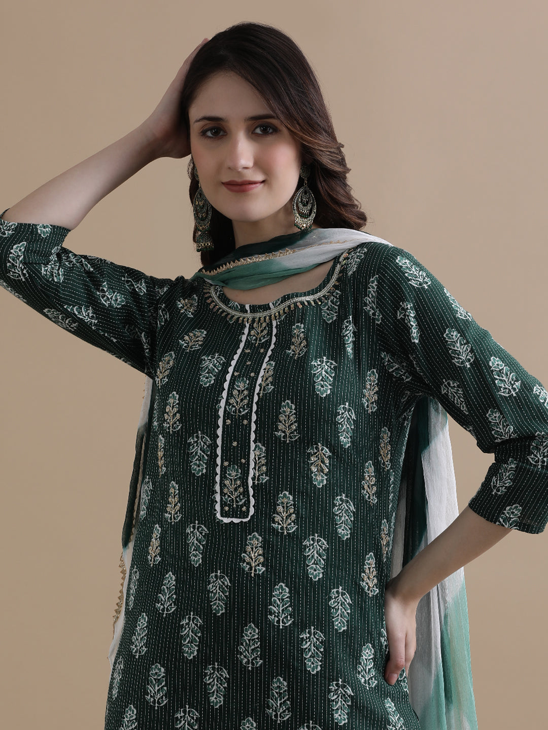 Floral Printed Kantha Work Pure Cotton Green Kurta With Pant & Chiffon Dupatta