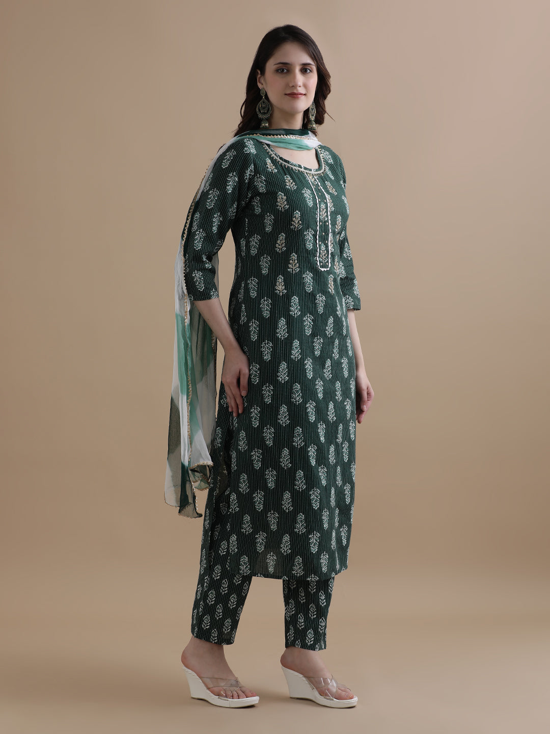 Floral Printed Kantha Work Pure Cotton Green Kurta With Pant & Chiffon Dupatta