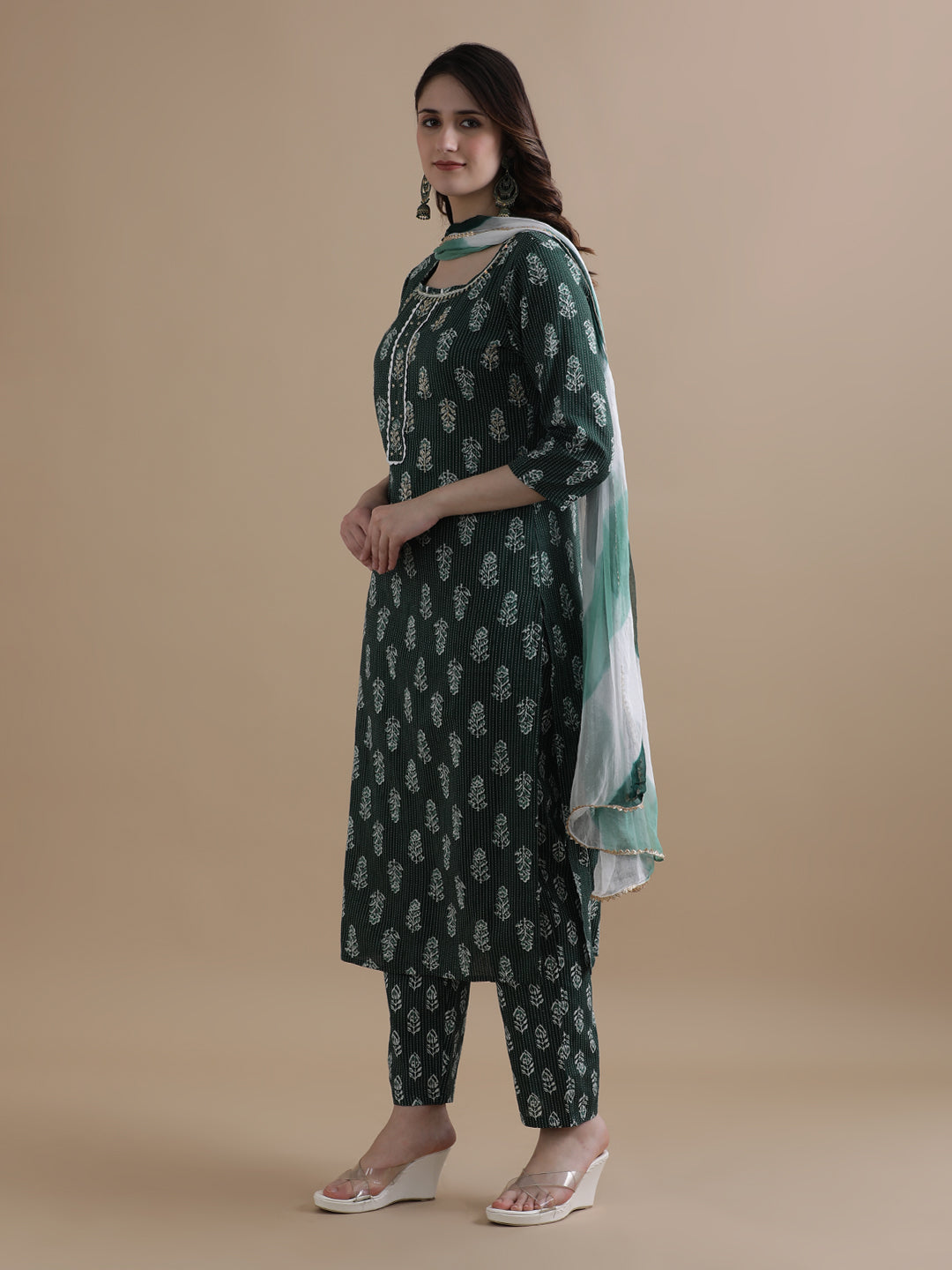 Floral Printed Kantha Work Pure Cotton Green Kurta With Pant & Chiffon Dupatta