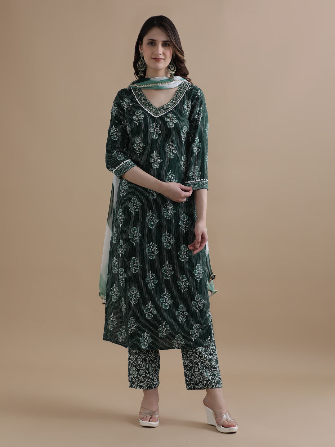 Green Floral Printed Kantha Work Pure Cotton Kurta With Pant & Chiffon Dupatta