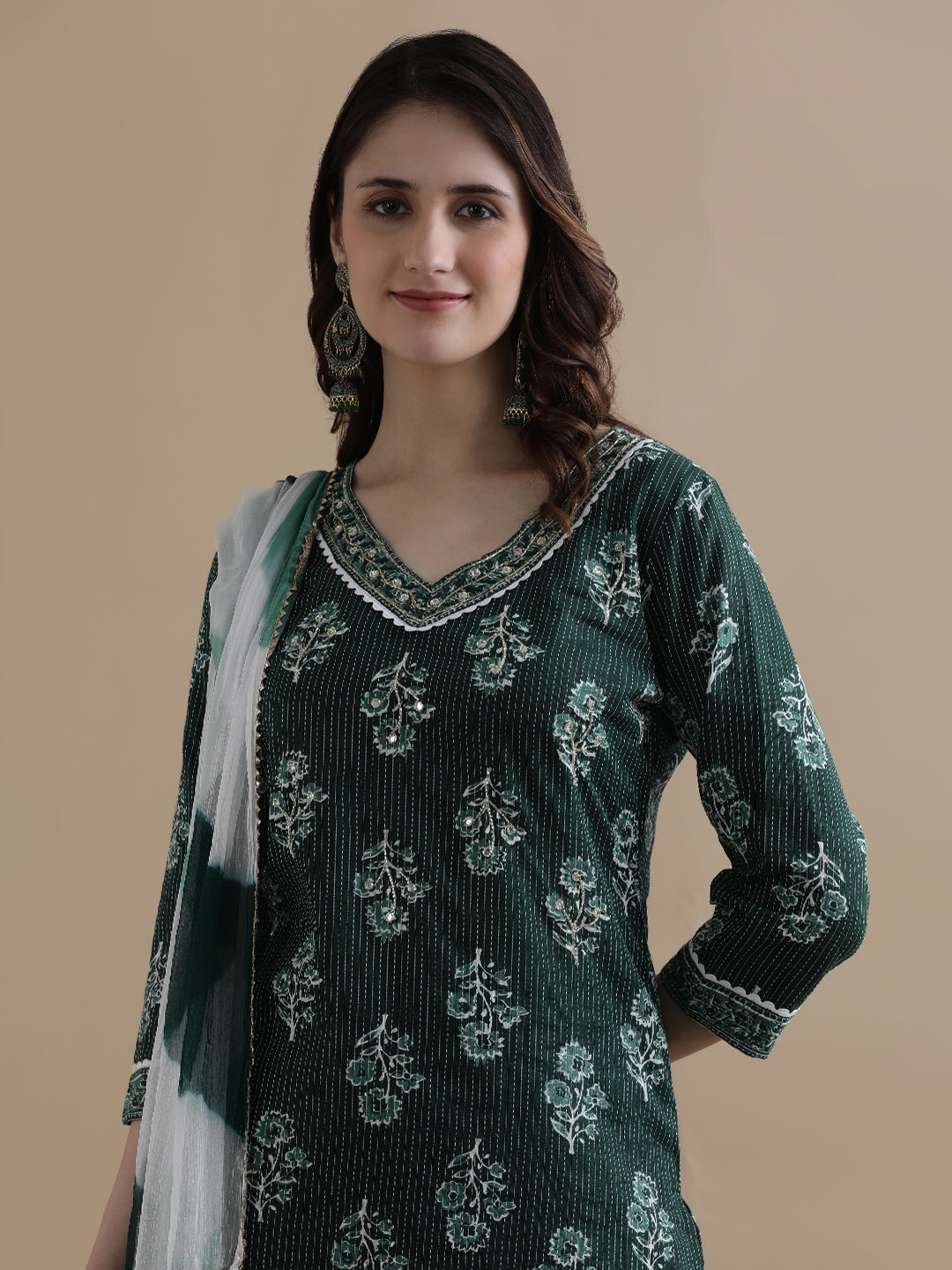 Green Floral Printed Kantha Work Pure Cotton Kurta With Pant & Chiffon Dupatta