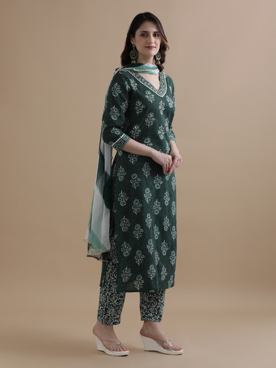 Green Floral Printed Kantha Work Pure Cotton Kurta With Pant & Chiffon Dupatta