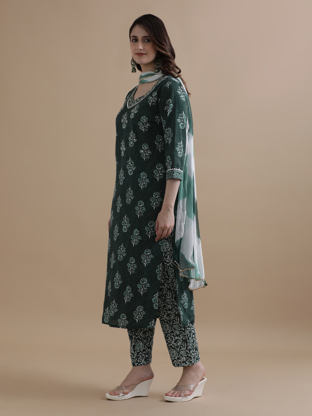 Green Floral Printed Kantha Work Pure Cotton Kurta With Pant & Chiffon Dupatta