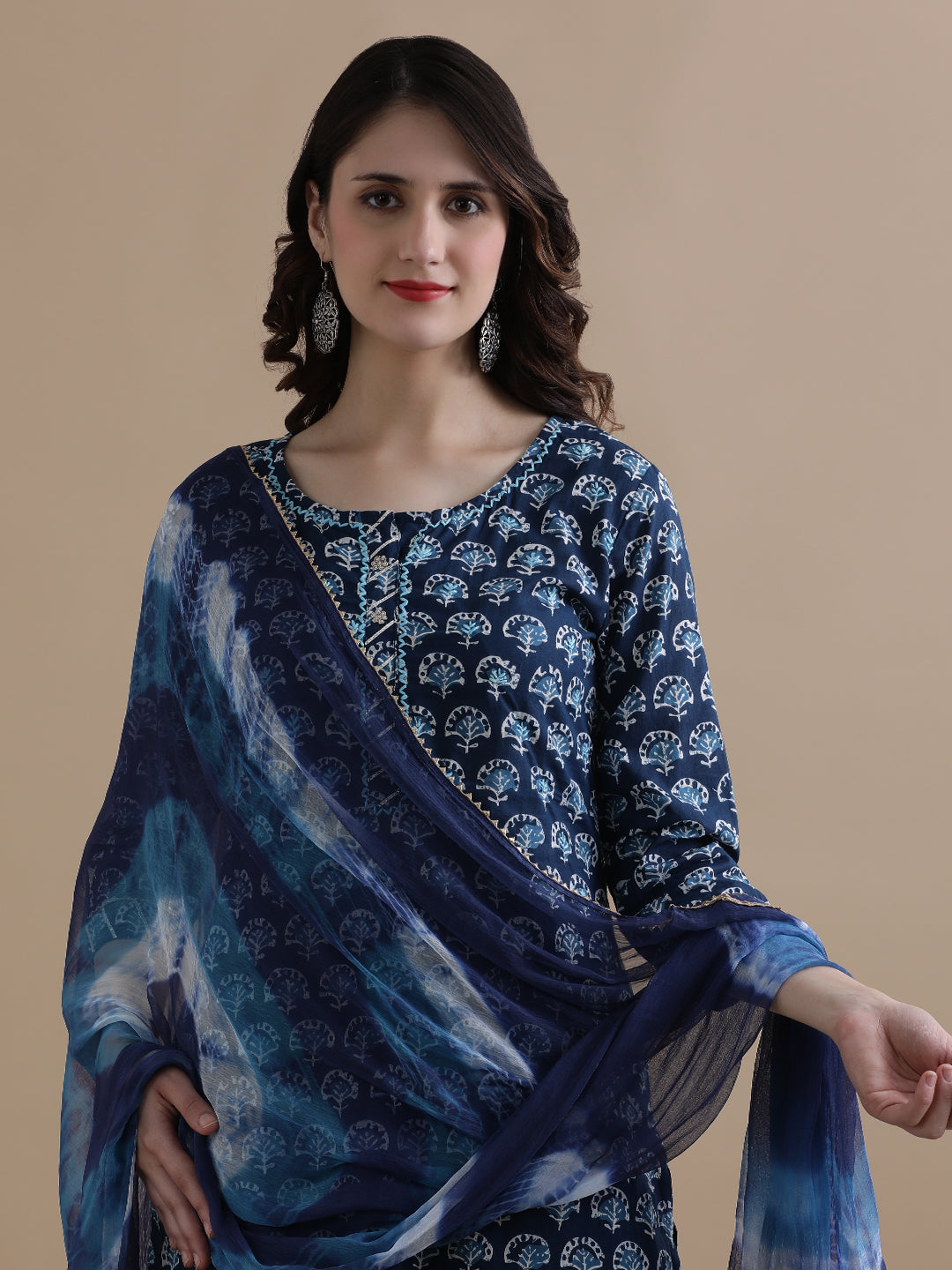 Floral Printed Thread Work Pure Cotton Navy Blue Kurta With Pant & Chiffon Dupatta
