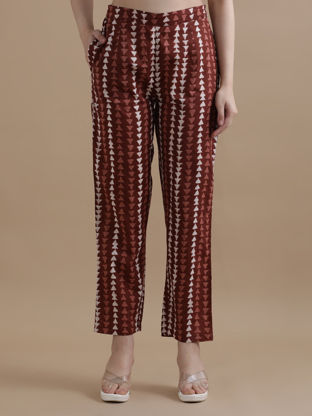 Brown Floral Printed Gotta Patti Pure Cotton Kurta With Pant & Chiffon Dupatta