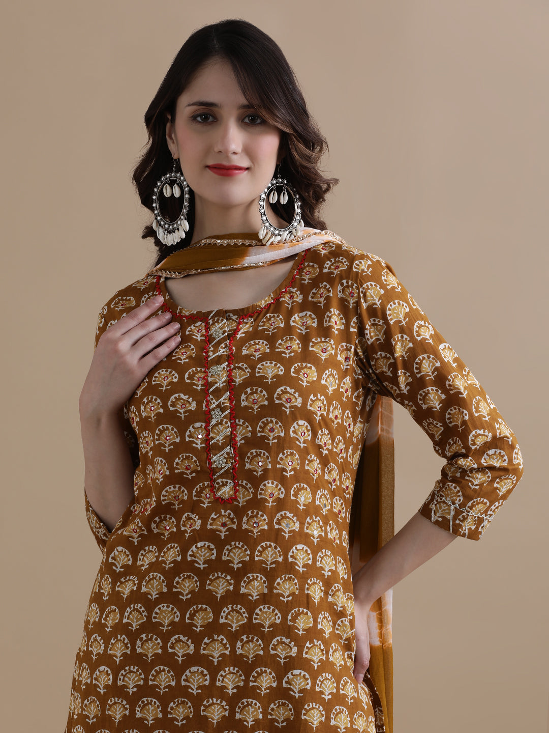 Mustard Floral Printed Gotta Patti Pure Cotton Kurta With Pant & Chiffon Dupatta