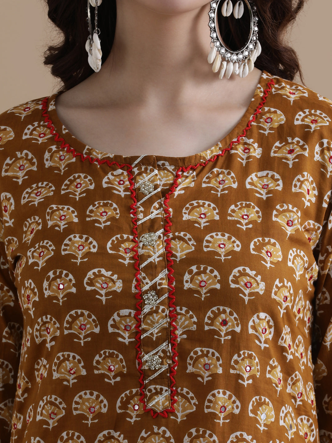 Mustard Floral Printed Gotta Patti Pure Cotton Kurta With Pant & Chiffon Dupatta