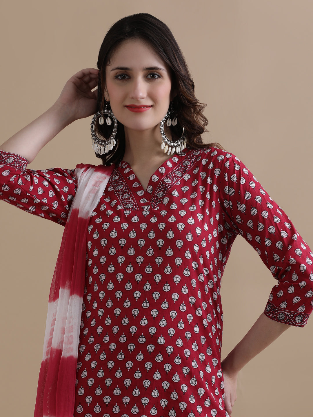 Red Floral Printed Pure Cotton Kurta With Pant & Chiffon Dupatta
