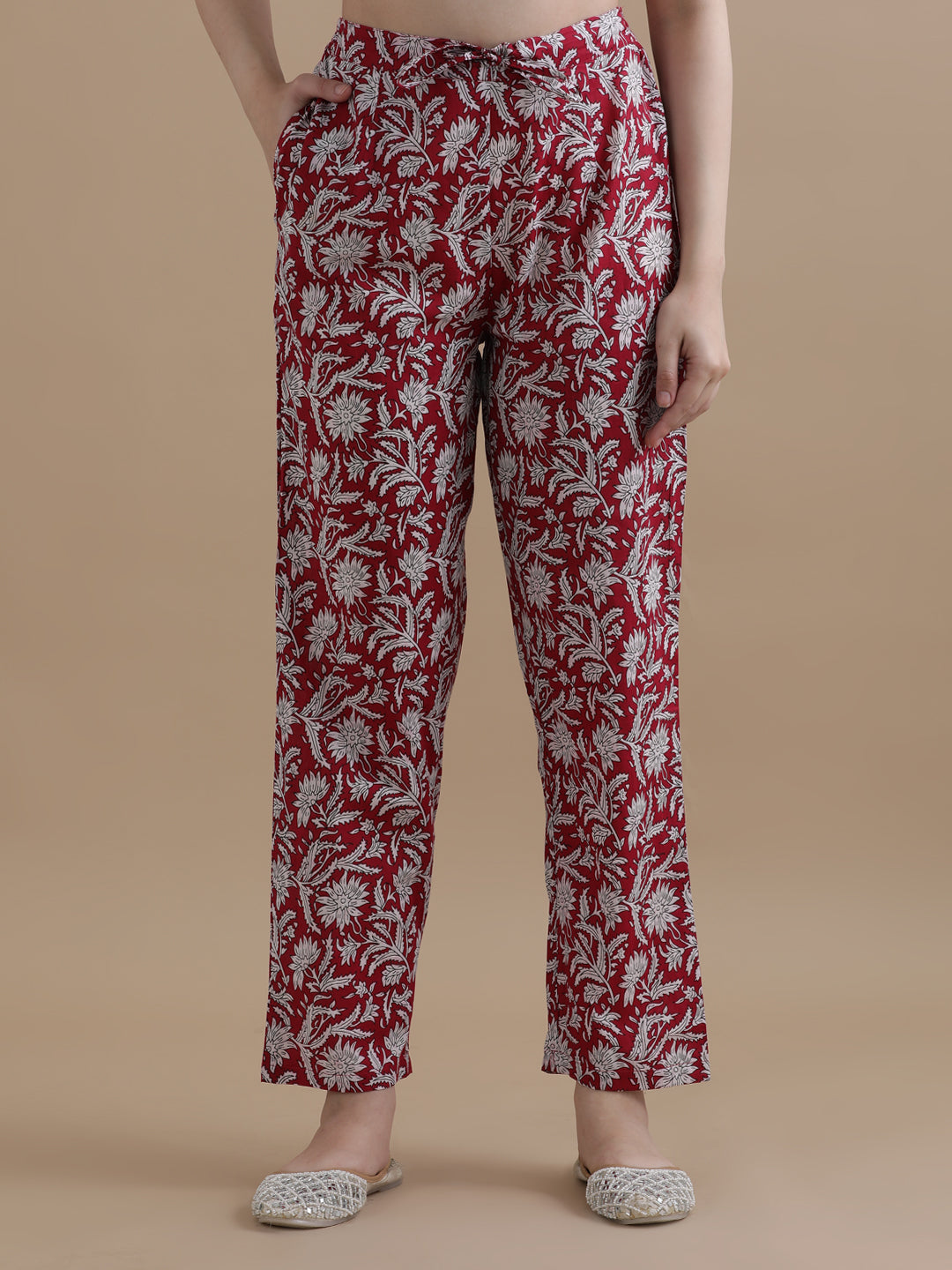 Red Floral Printed Pure Cotton Kurta With Pant & Chiffon Dupatta