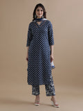 Navy Blue Floral Printed Thread Work Pure Cotton Kurta With Pant & Chiffon Dupatta