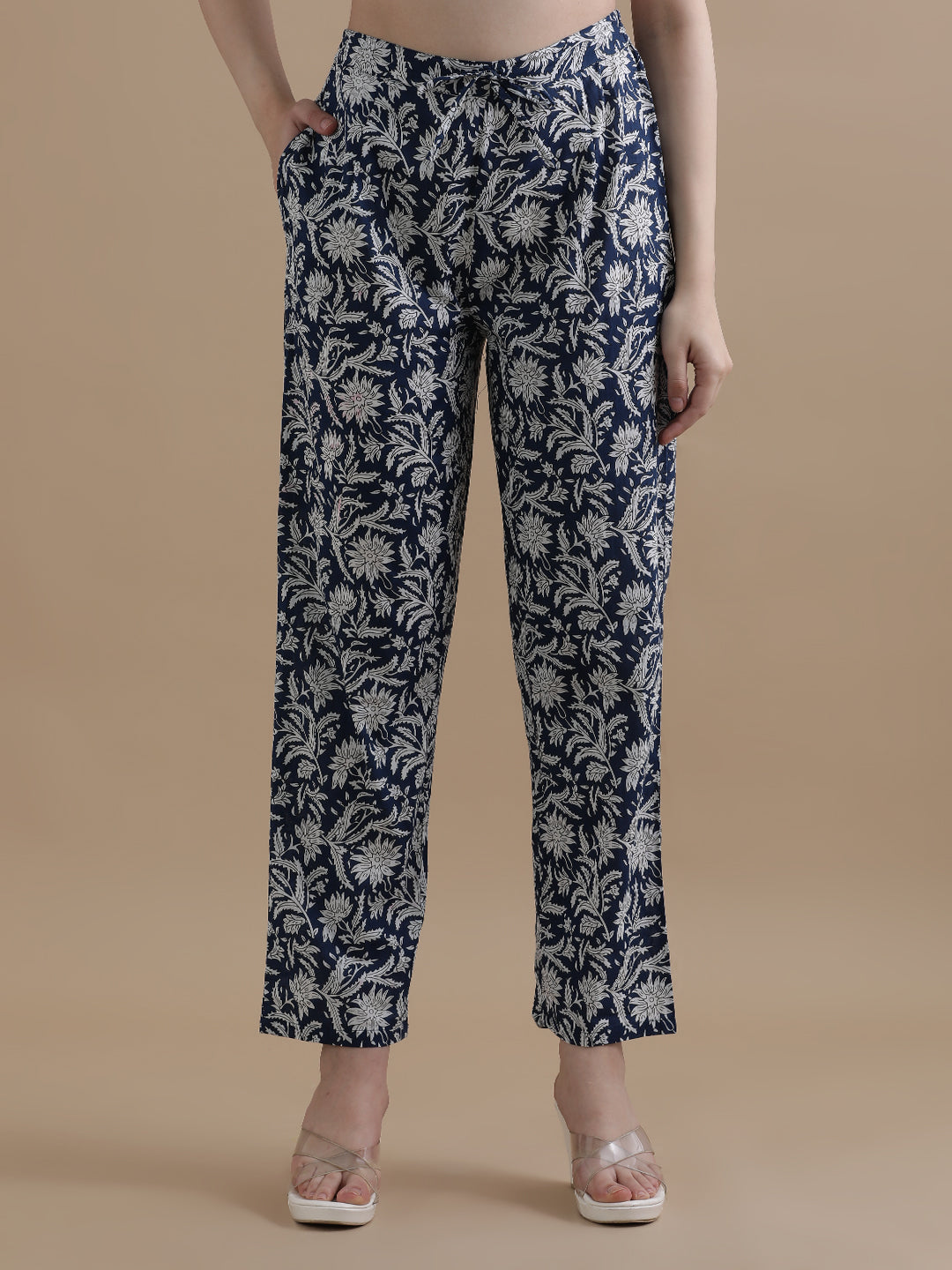 Navy Blue Floral Printed Thread Work Pure Cotton Kurta With Pant & Chiffon Dupatta