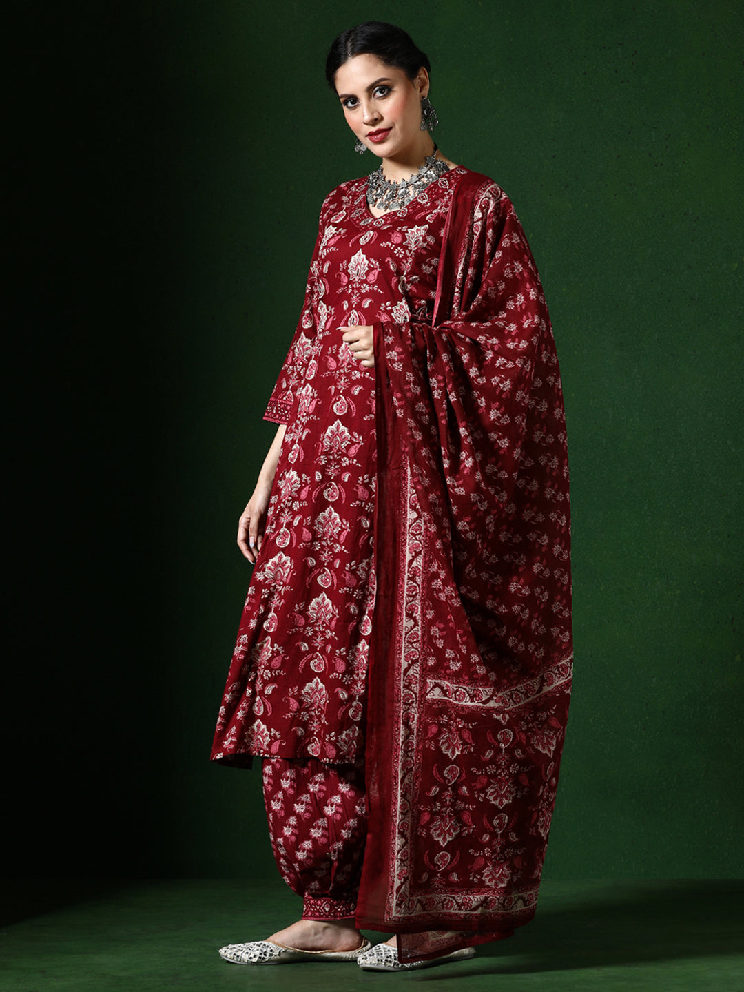 Floral Embroidered A-Line Pure Cotton Kurta & Salwar Sets