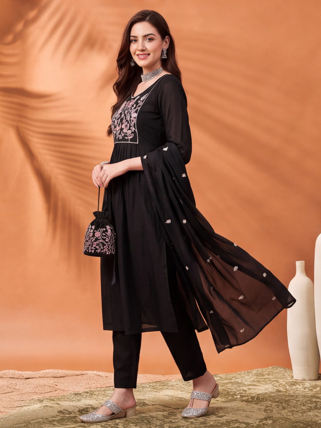 Women's Black Embroidered Anarkali Kurta Set with Dupatta | Mul Cotton Festive Ethnic Wear
