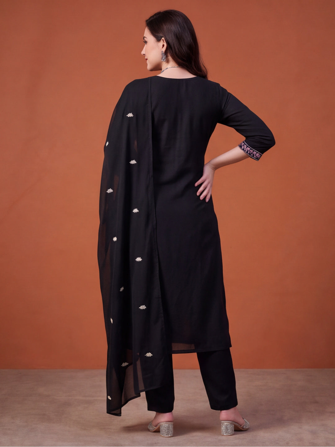Women's Black Embroidered Anarkali Kurta Set with Dupatta | Mul Cotton Festive Ethnic Wear