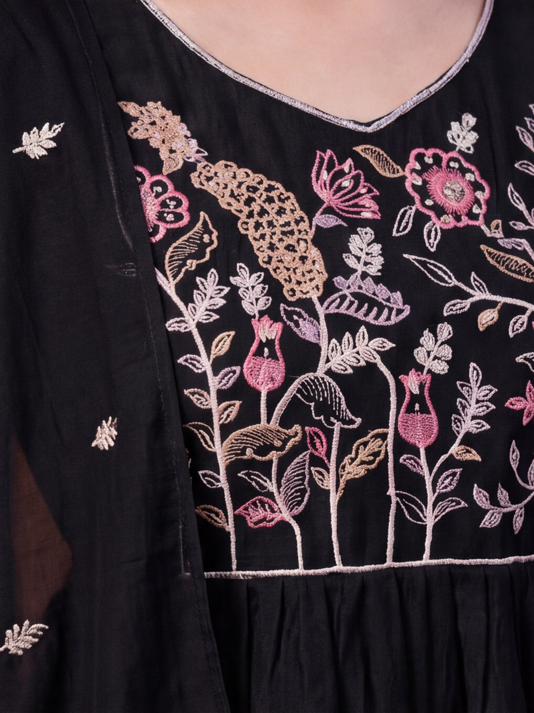 Women's Black Embroidered Anarkali Kurta Set with Dupatta | Mul Cotton Festive Ethnic Wear