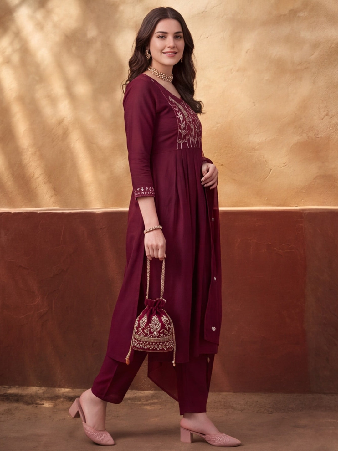 Women's Magenta Embroidered Anarkali Kurta Set with Dupatta | Mul Cotton Festive Ethnic Wear