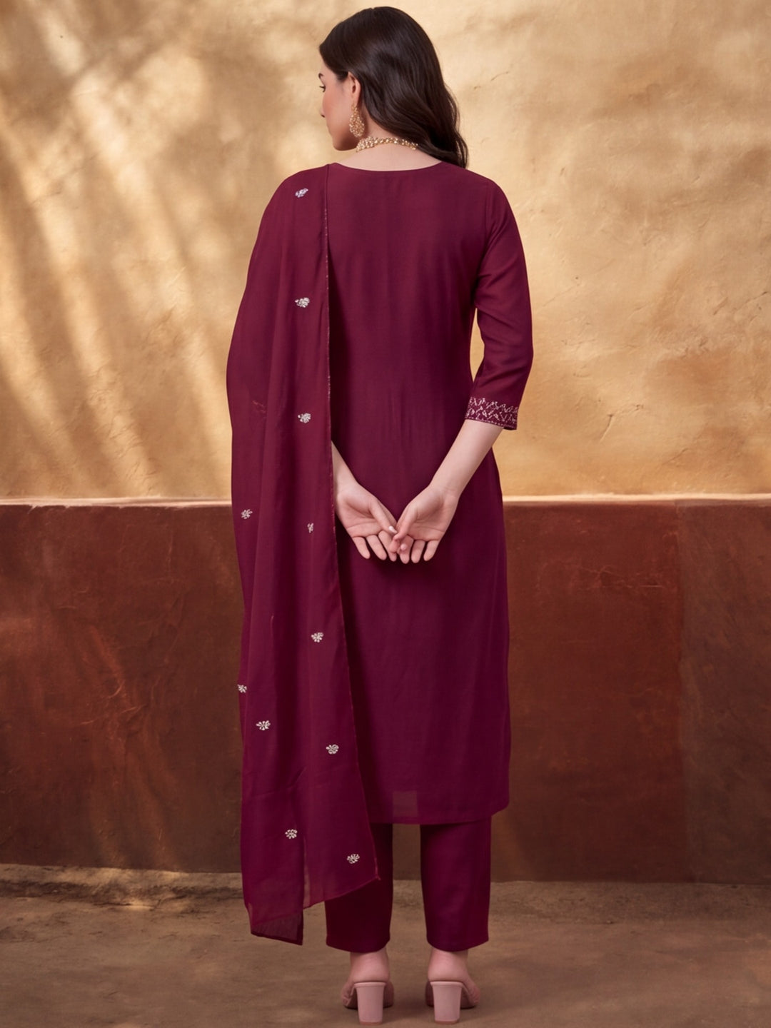 Women's Magenta Embroidered Anarkali Kurta Set with Dupatta | Mul Cotton Festive Ethnic Wear