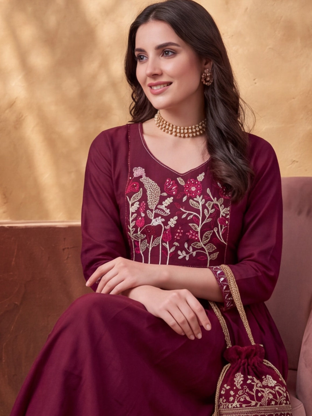 Women's Magenta Embroidered Anarkali Kurta Set with Dupatta | Mul Cotton Festive Ethnic Wear