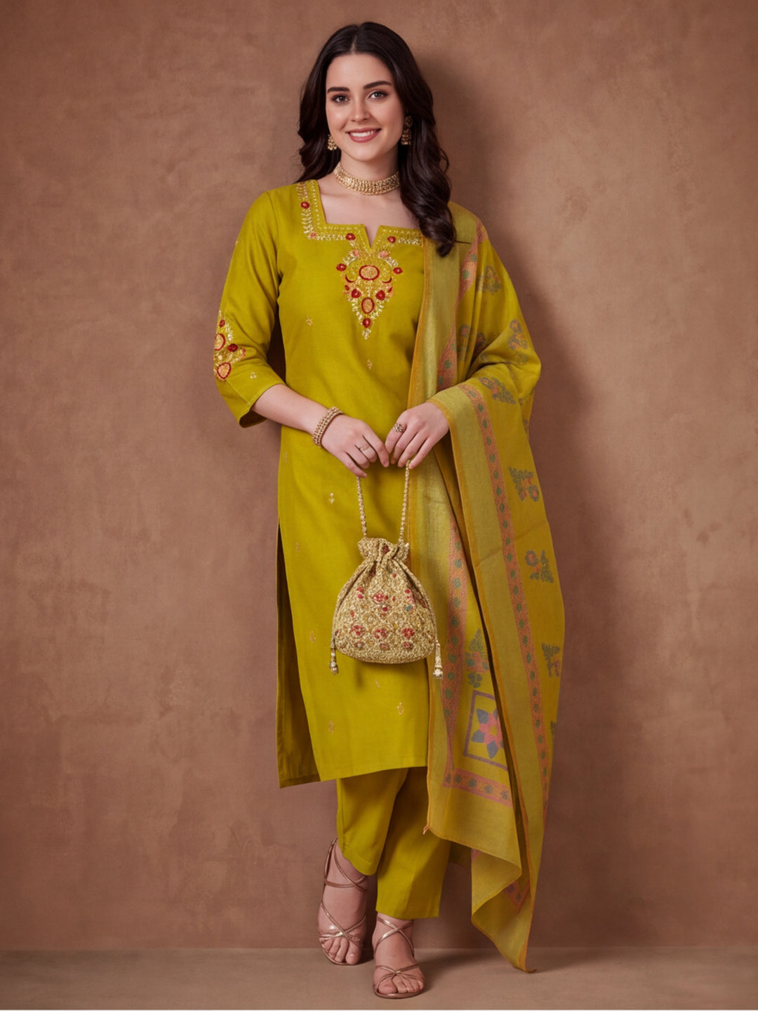 Women's Green Embroidered Kurta Set with Linen Dupatta | Roman Cotton Festive Ethnic Wear